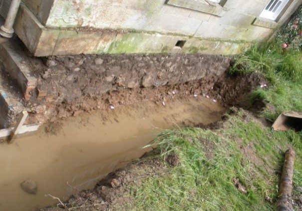 The support under the corner of this country house in the Scottish Borders was removed by a spring washing fines out of the soil beneath.